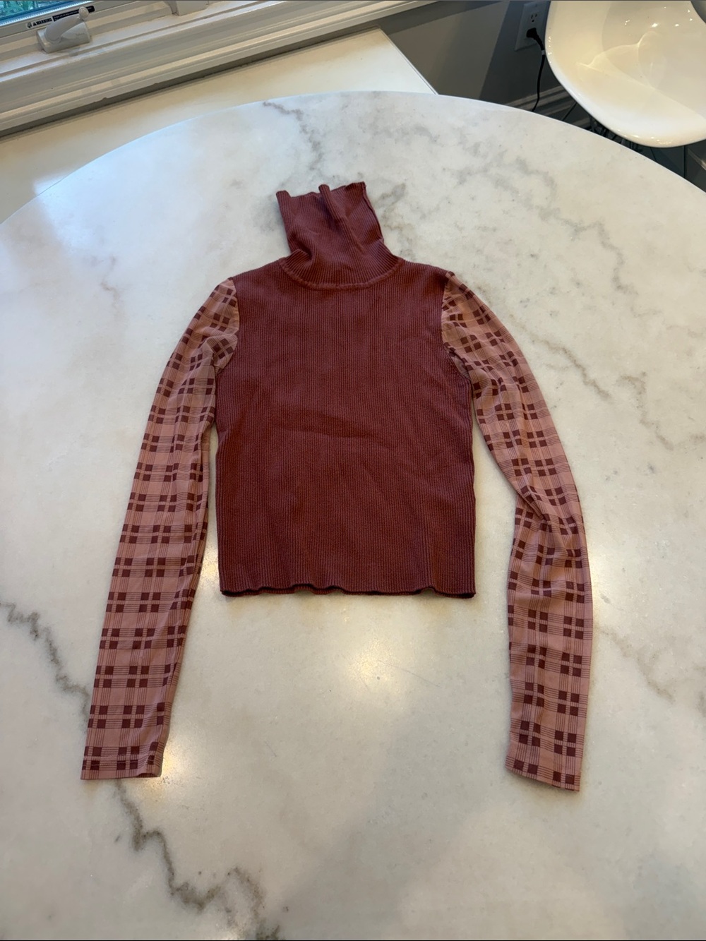 Zara Rosewood Ribbed Turtleneck with Plaid Mesh Long Sleeves